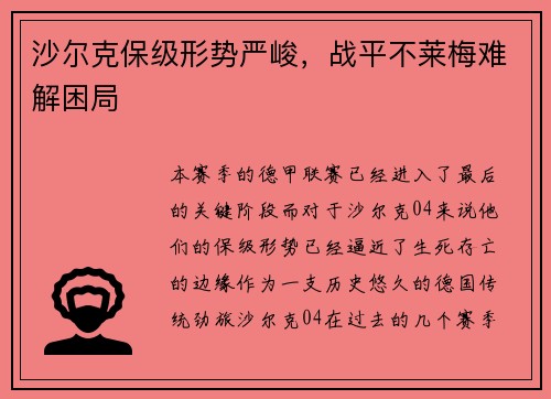 沙尔克保级形势严峻，战平不莱梅难解困局